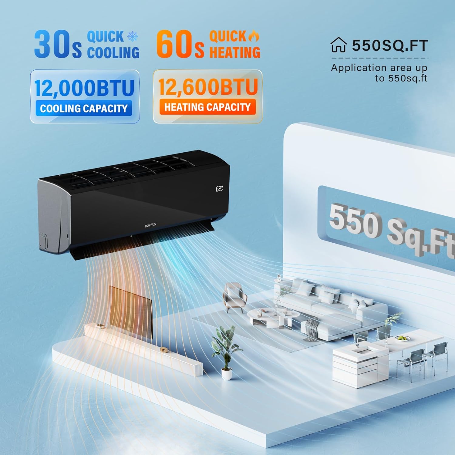 ROVSUN 12,000 BTU Mini Split Air Conditioner & Heater with Smart APP Control, 21 SEER2 115V Energy Saving Inverter Ductless Wall AC Unit with Pre-Charged Condenser, Heat Pump & Installation Kit, Black