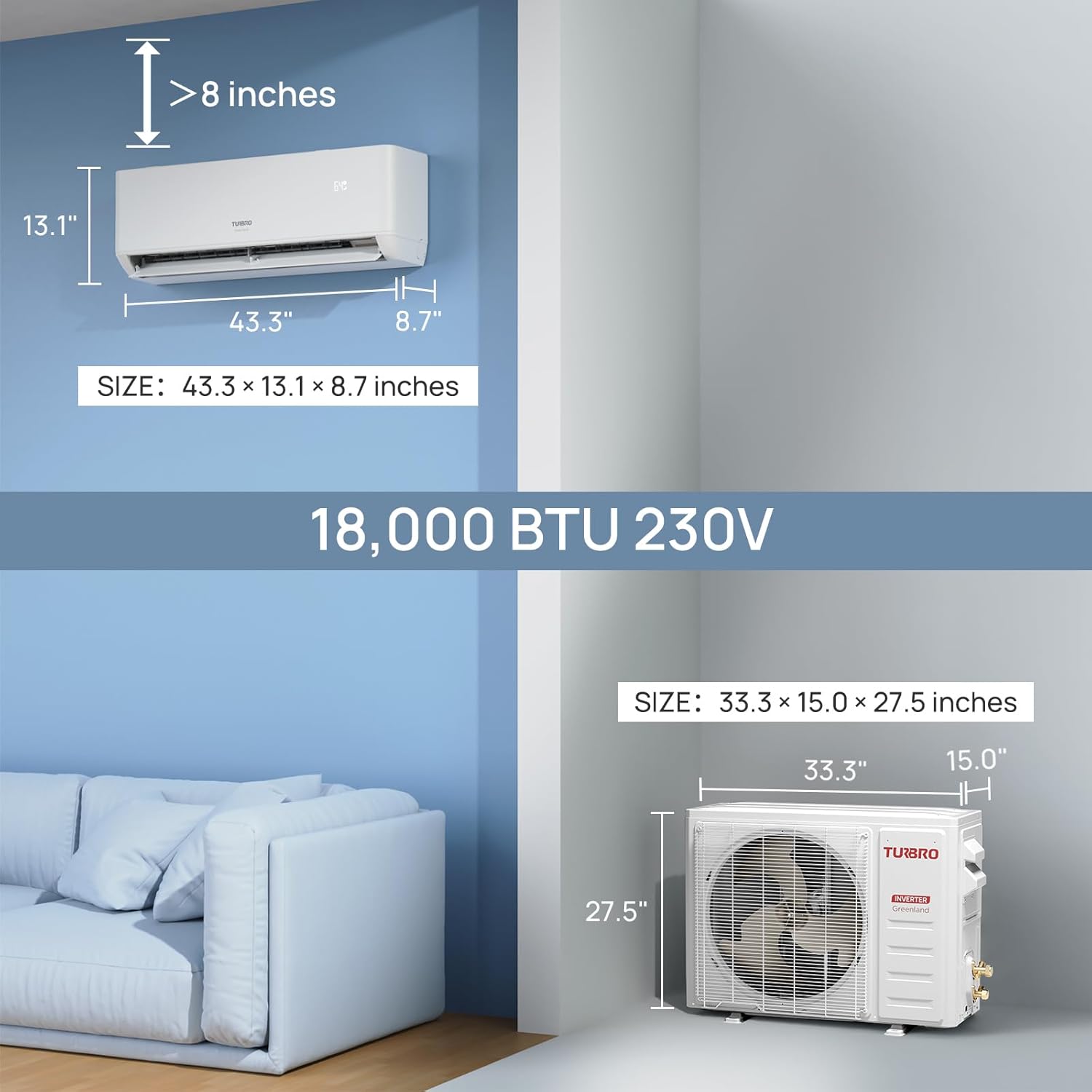 TURBRO 18,000 BTU Ductless Mini Split Inverter AC with Heat Pump, 22 SEER2, 230V, WiFi-Enabled, Cools up to 1,000 Sq.Ft, Energy Star, Greenland Series