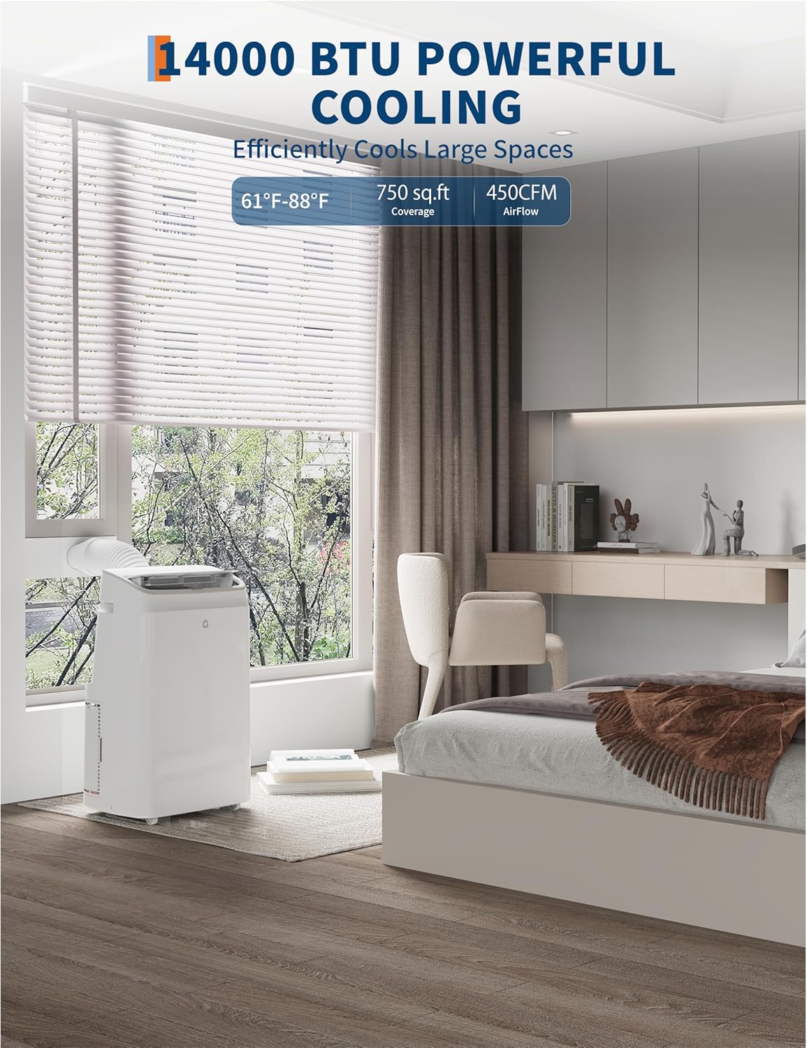 14,000 BTU Portable Air Conditioner, 3 in-1 Standing AC Unit with Dehumidifier and Fan, Remote and LED Touch Panel, Sleep Mode, Window Kit, Cools up to 750 Sq.Ft., Quiet Operation, White Top
