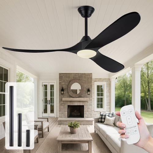 Savey'Sley 60 Inch Outdoor Ceiling Fan with Light, for Patio and Covered Porch - Quiet Energy Efficient DC Motor, 3 Black Wood Blades Rustic Farmhouse Style, Dimmable for Indoor Living Room, Bedroom