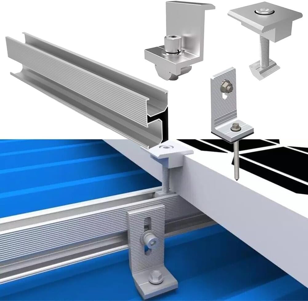 Aluminum Solar Panel Mounting Rail Kit, AL6005-T5 Anodized Profile, with End Clamps and L-Angles for Flat Roof or Metal Roof Photovoltaic Module Installation, Rustproof Design(For 3 solar panel 35mm)
