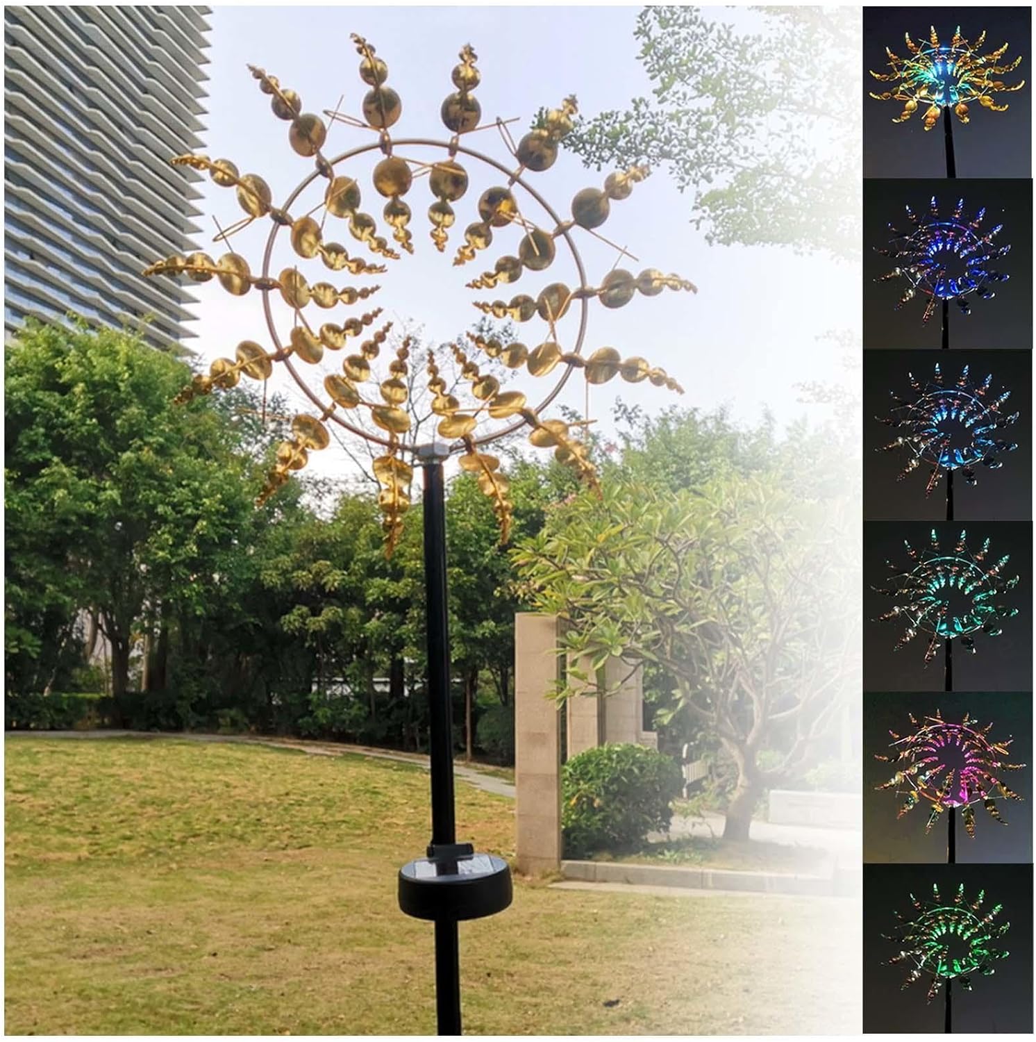 Solar Magical Metal Windmill, Garden Spinners Outdoor 3D Wind Powered, 13.4 x 71in Yard Spinner,Gold