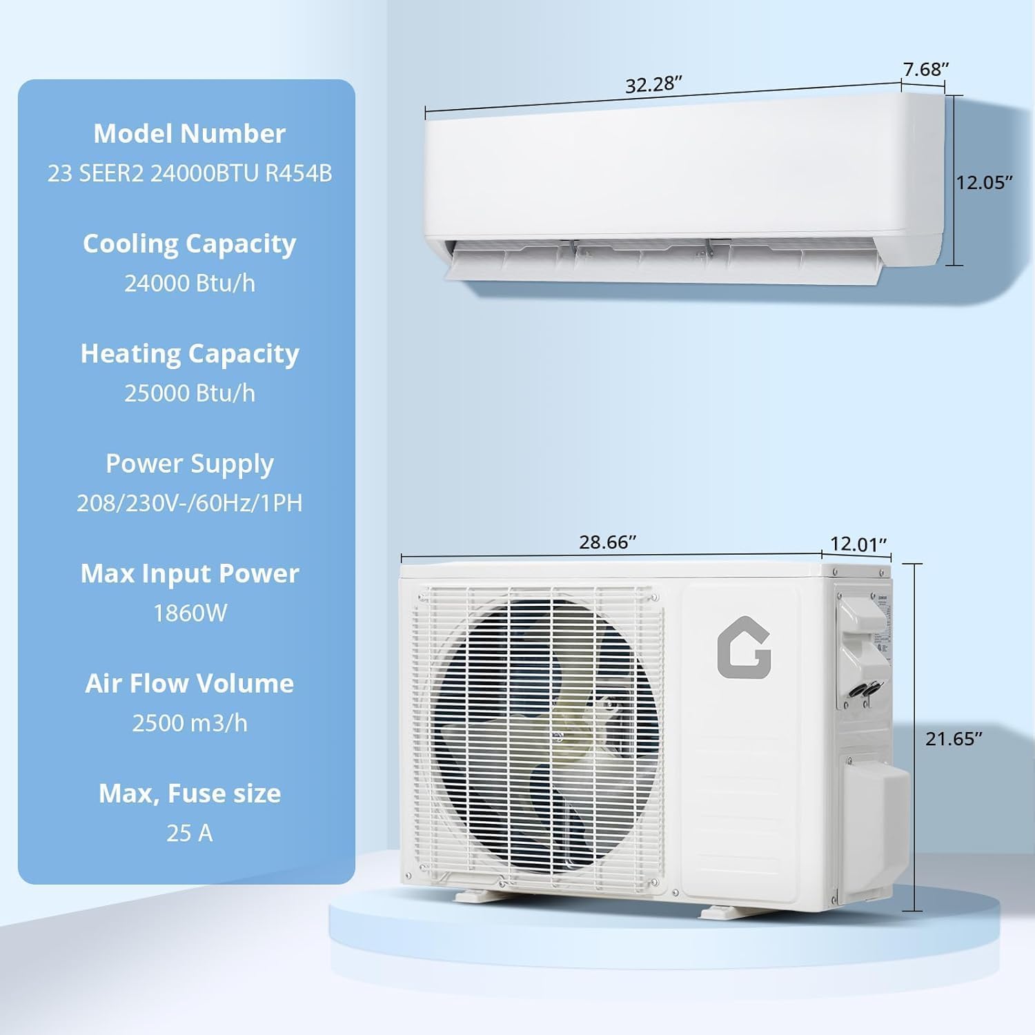 GarveeLife 24,000 BTU Mini Split Air Conditioner 23 SEER2 Ductless Smart AC and Heater Cools/Heats up to 1500 Sq.Ft, High Efficiency Inverter, Ultra Energy Saving WiFi and Remote Control, 208V/230V