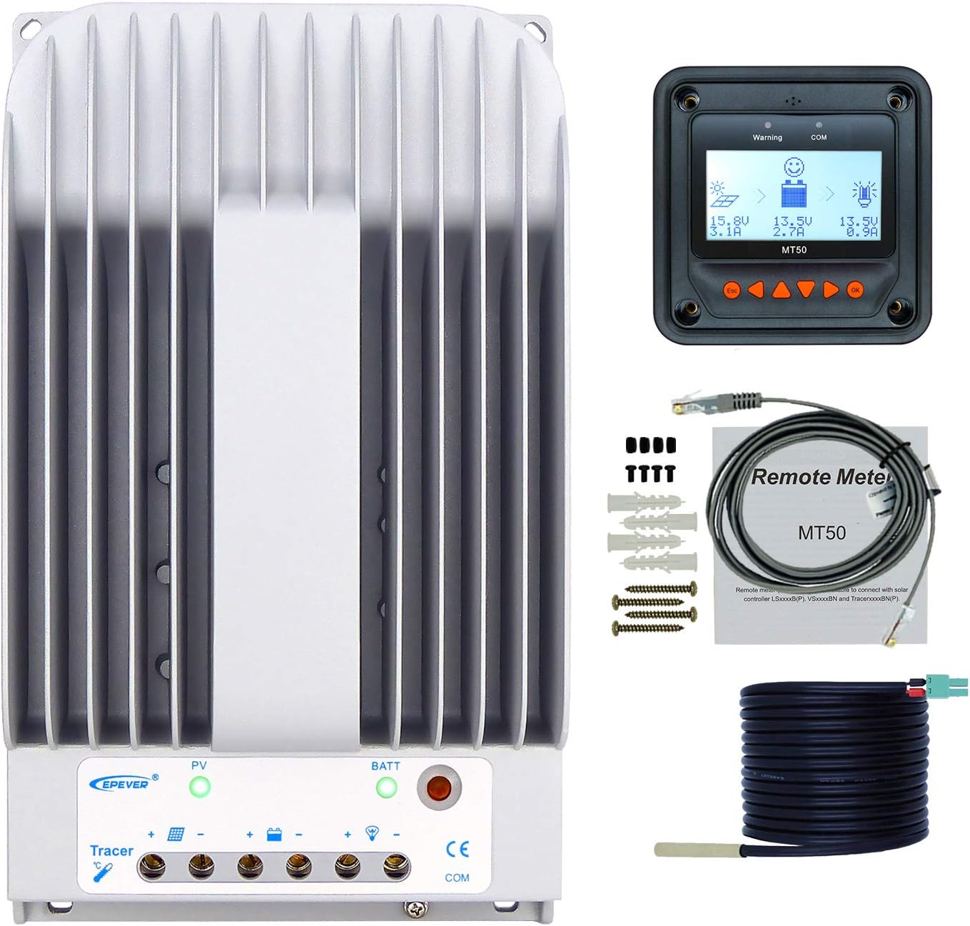 EPEVER MPPT Solar Charge Controller 40A 12V/24V Max PV 150V Negative Ground Solar Panel Regulator + MT50 Remote Meter + Temperature Sensor Cable (Tracer4215BN+MT50+RTS)