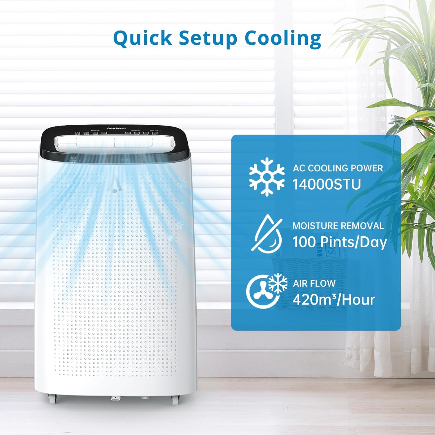 Portable Air Conditioner 14000 BTU ASHRAE / 9300 BTU SACC, Quiet AC Unit for Rooms up to 700 Sq. Ft, 3-in-1 Cooling, Dehumidifier & Fan, Remote Control, Sleep Mode, No Drain Needed, Window Kit Include