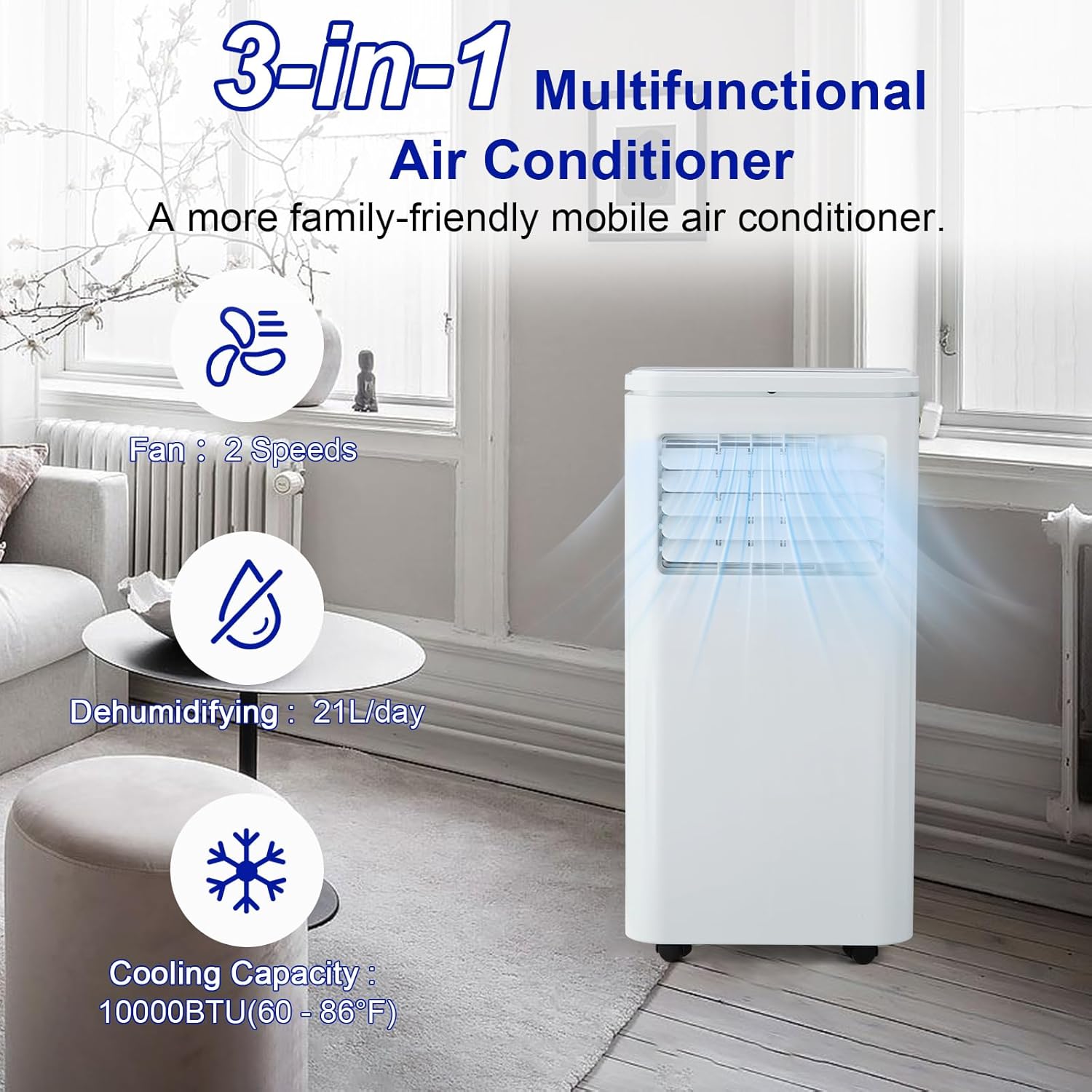 10000 BTU Portable Air Conditioner with Remote Control, Standing AC Unit, 3-in-1 Air Conditioner with Window Vent Kit/Digital Display/24h Timer, for Room Bedroom Home Garage RV