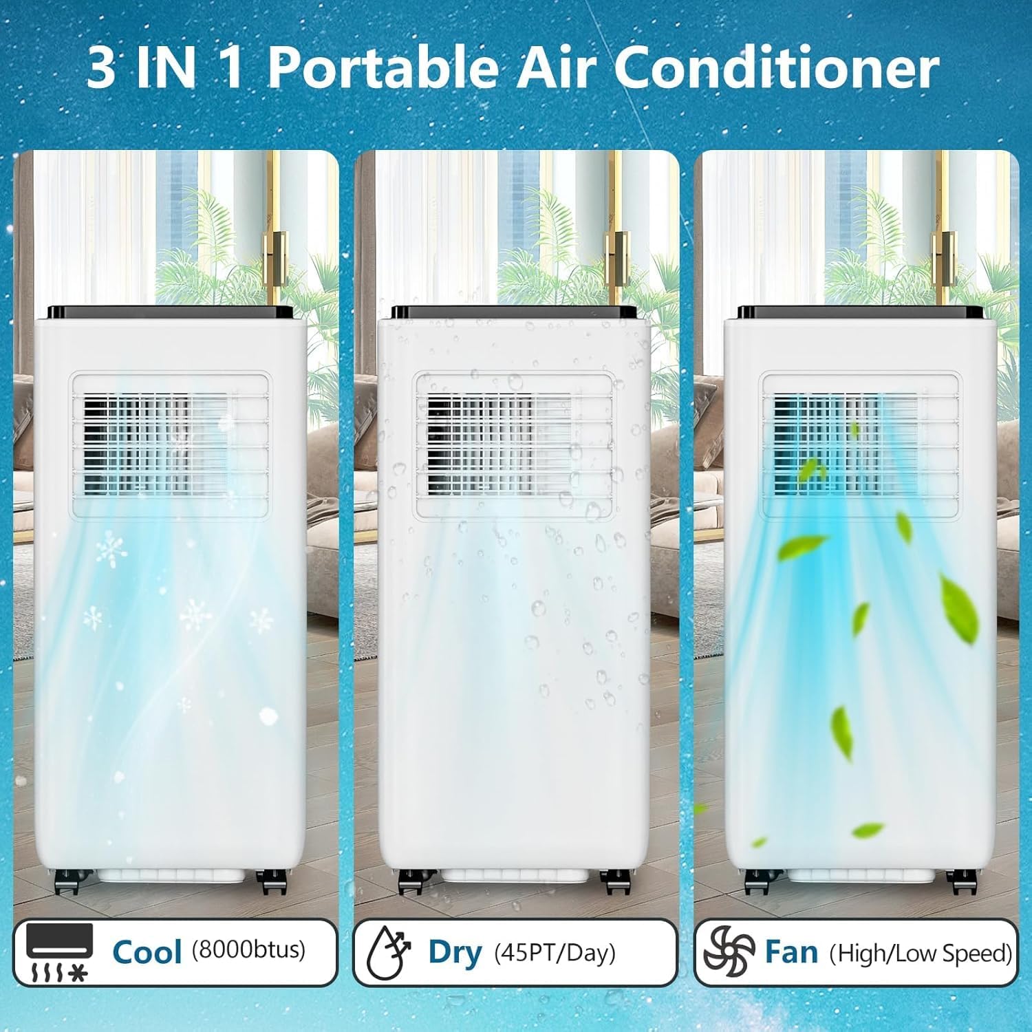 8000BTU Portable Air Conditioner, 3-in-1 Air Conditioner, Cooling Area up to 350 Sq. Ft. Room Air Conditioner with Remote Control/Cooling/Fan/Dehumidifier for Home, Office, Bedroom, White&Black