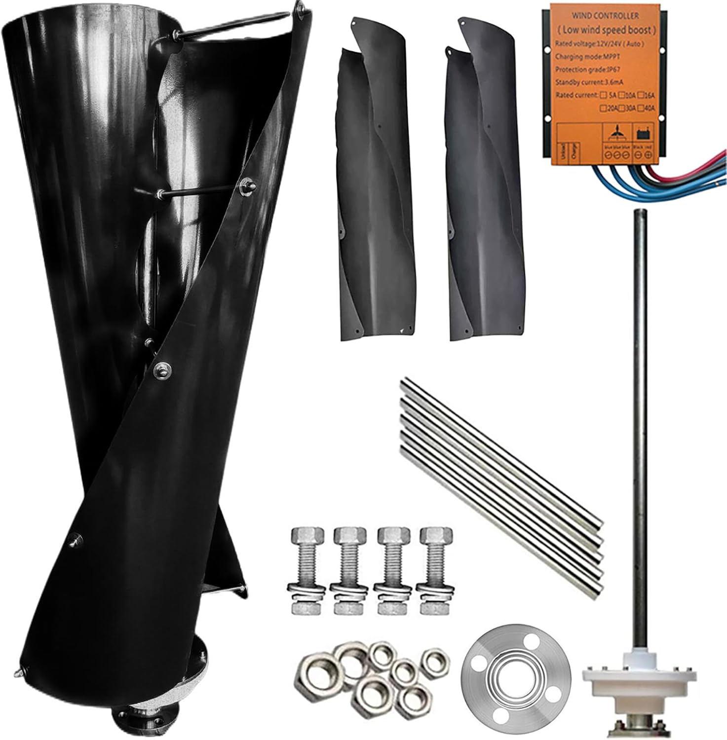 Spiral Wind Power Turbine Generator 400W / 800W / 1000W / 1200W Black Vertical Windmill Power Dynamo Kit 12V / 24V / 48V with Controller and 2 Blades and Maglev Generator,400w,48V