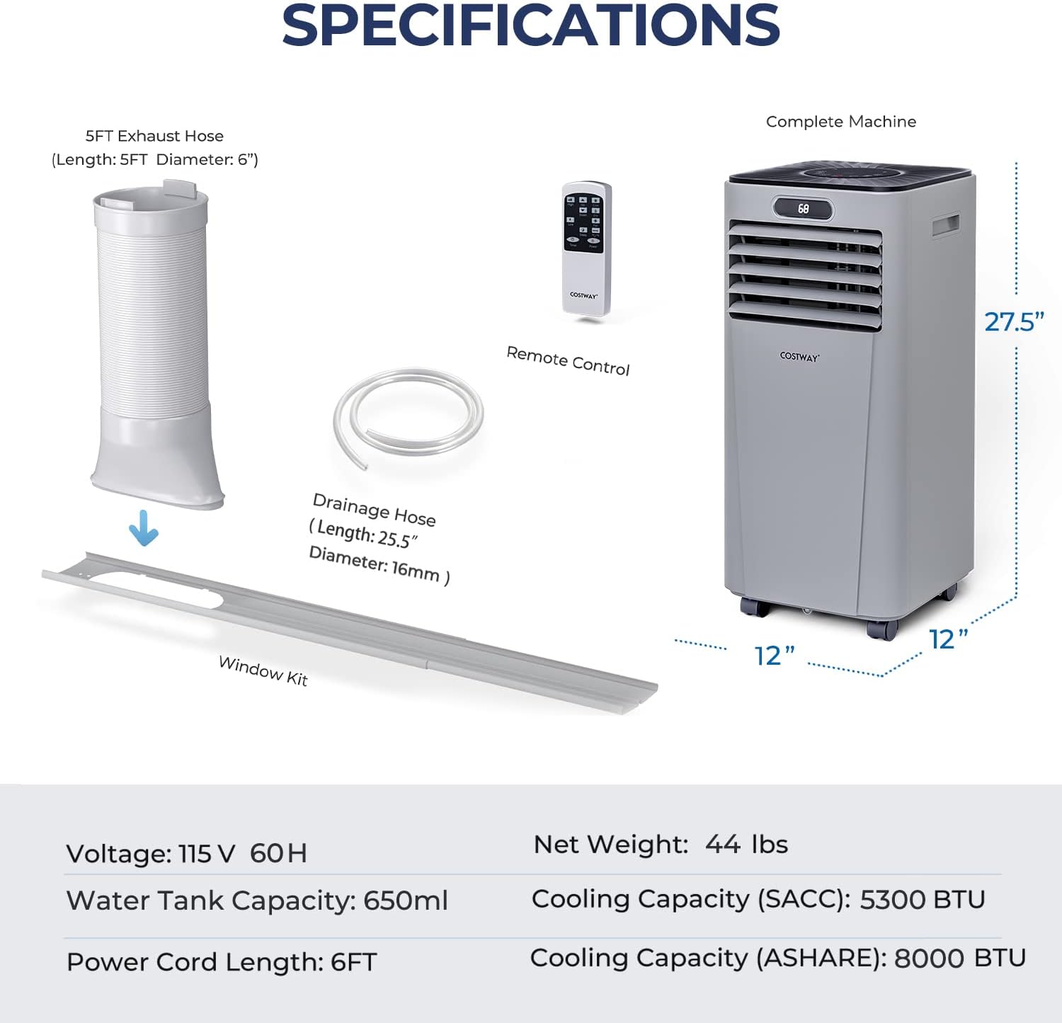 COSTWAY Portable Air Conditioner, 8000BTU AC Unit with Drying, Fan, Sleep Mode, 24H Timer, Remote Control, Cools Room up to 230 Sq. ft, for Home & Office Use, Window Kit Included(8000BTU-Grey)