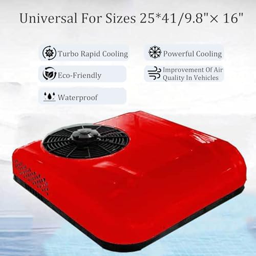 12V/24V Rooftop RV Air Conditioner Top Mounted Parking Air Conditioner for Truck, RV, Construction Vehicle, Excavator, Cranes, Van (Red 12v)