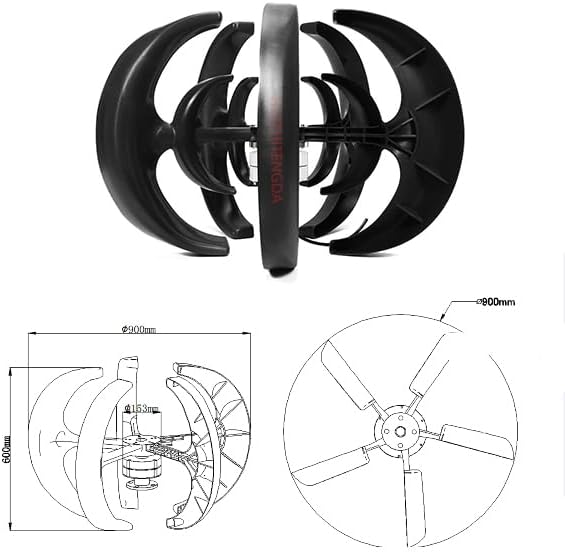 5000W Black Lantern Wind Turbine Generator, 5-Blade Low Start Up Speed Vertical Wind Turbine Generator 12V 24V 48V for Home Hybrids Streetlight (Black)