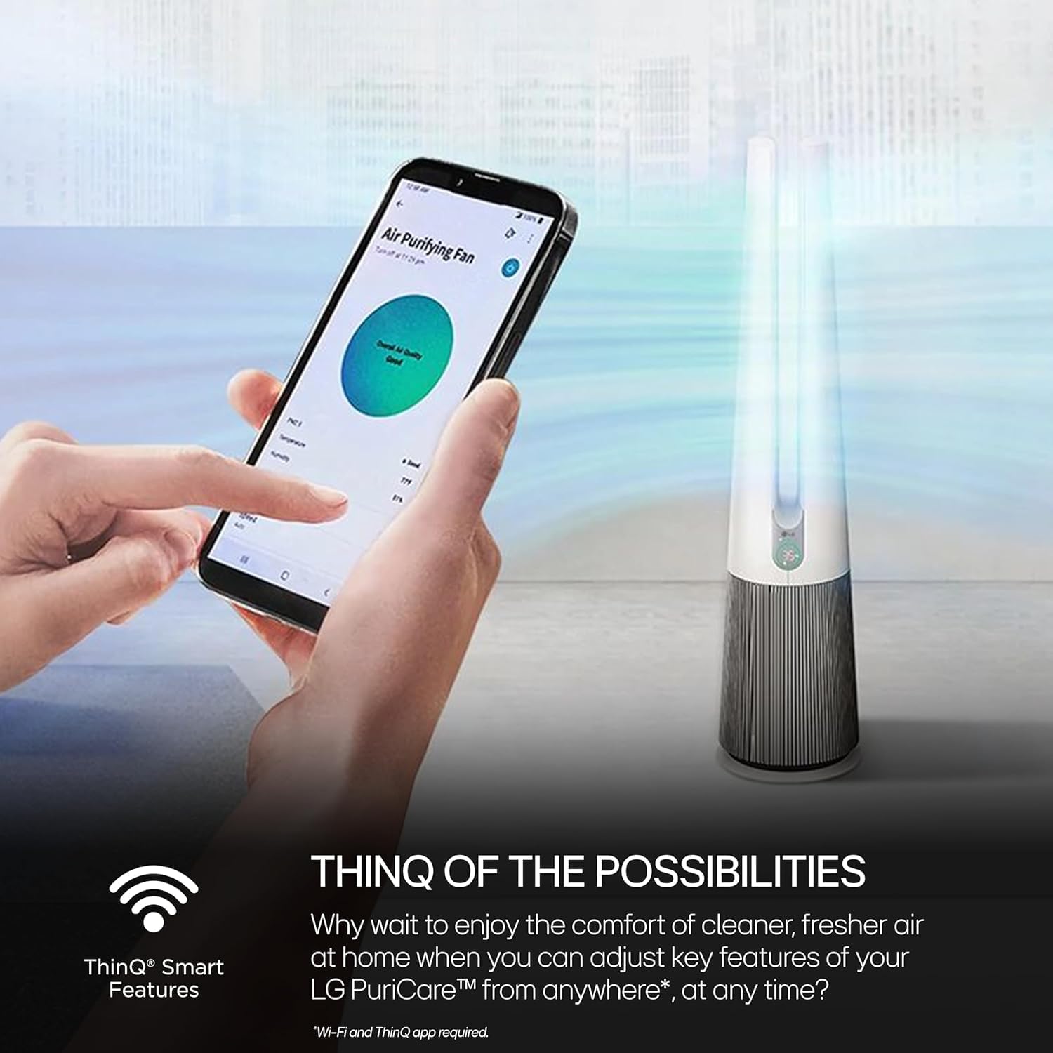 LG PuriCare AeroTower Air Purifier Fan with Heating Mode for Home, Large and Small Room, Bedroom, with True HEPA Filter, Multiple Airflow Options, WiFi, Air Quality Monitor, Low Noise, NanoFiber