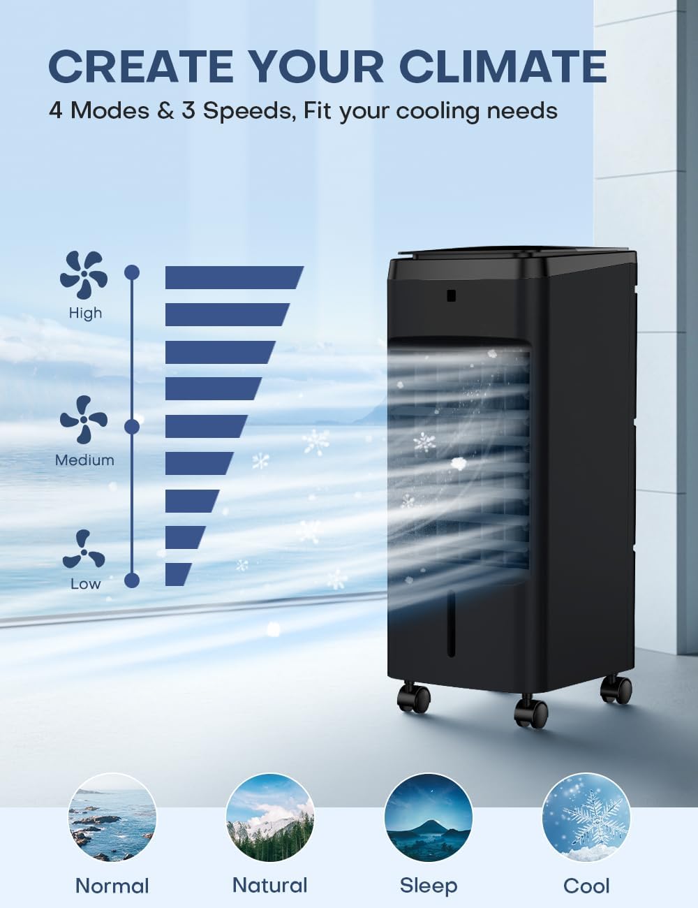 NOMEY Evaporative Air Cooler, 3-IN-1 Air Conditioner Portable for Room w/ 4 Modes & 3 Speed, 12H Timer, 1 Gal Detachable Water Tank, 4 Ice Packs, Remote, 70° Oscillation Air Cooler for Bedroom Indoor