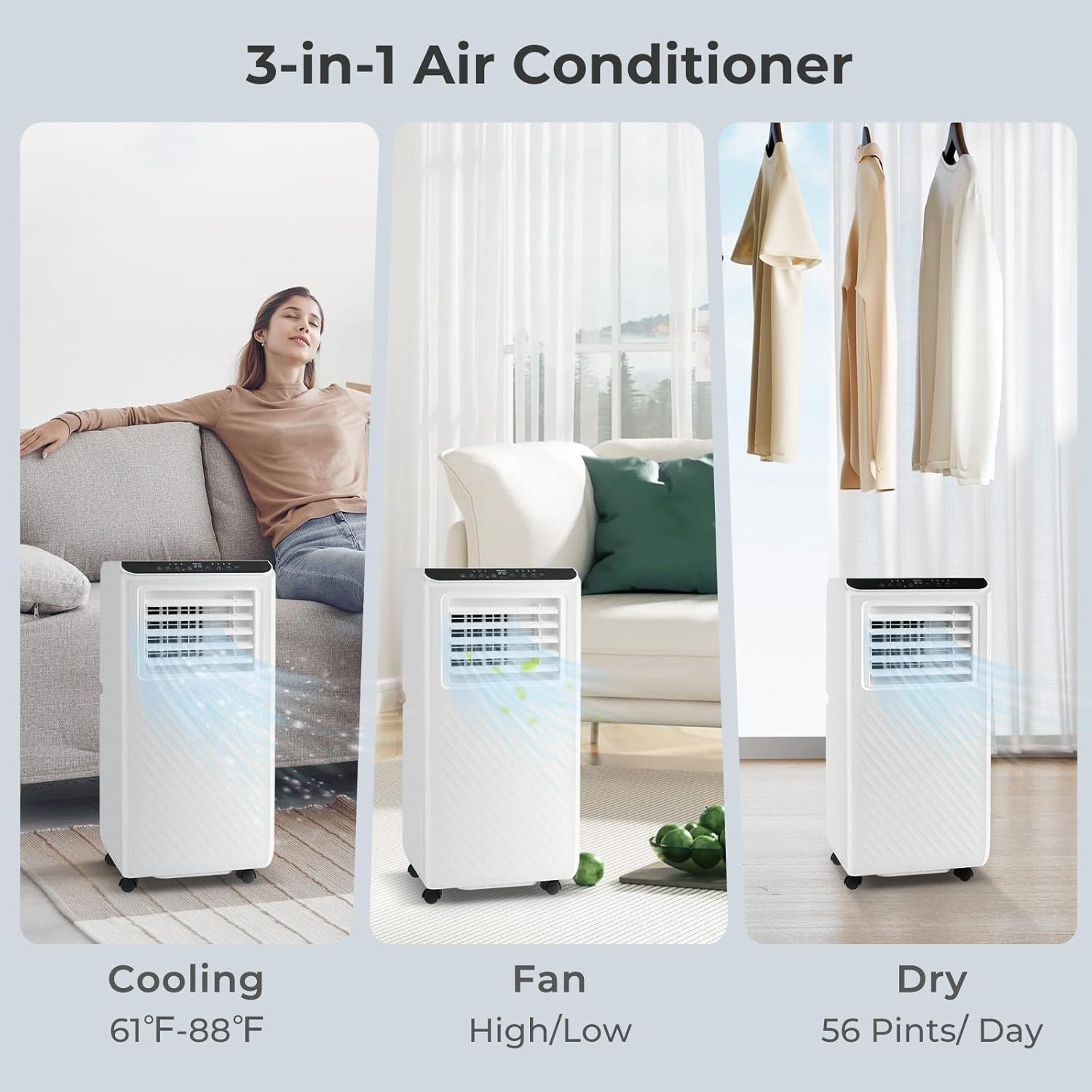 SIMOE 10000 BTU Portable Air Conditioner, 3-IN-1 Portable AC Unit for Room up to 350 Sq. Ft., Quiet Air Conditioner w/Remote Control, Cool, Fan, Dehumidifier, Timer, for Bedroom, Living Room, Office