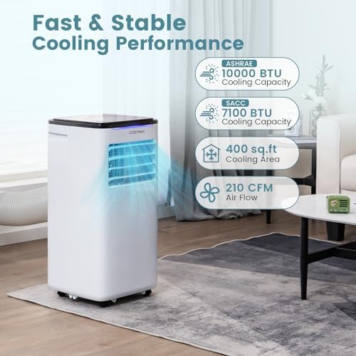 COSTWAY Portable Air Conditioners, 10000 BTU Portable AC Unit for Room up to 400 Sq.Ft with Cool, Fan, Dry & Sleep Mode, Timer, Remote Control & Window Vent Kit, 3-in-1 Portable AC for Bedroom, Office