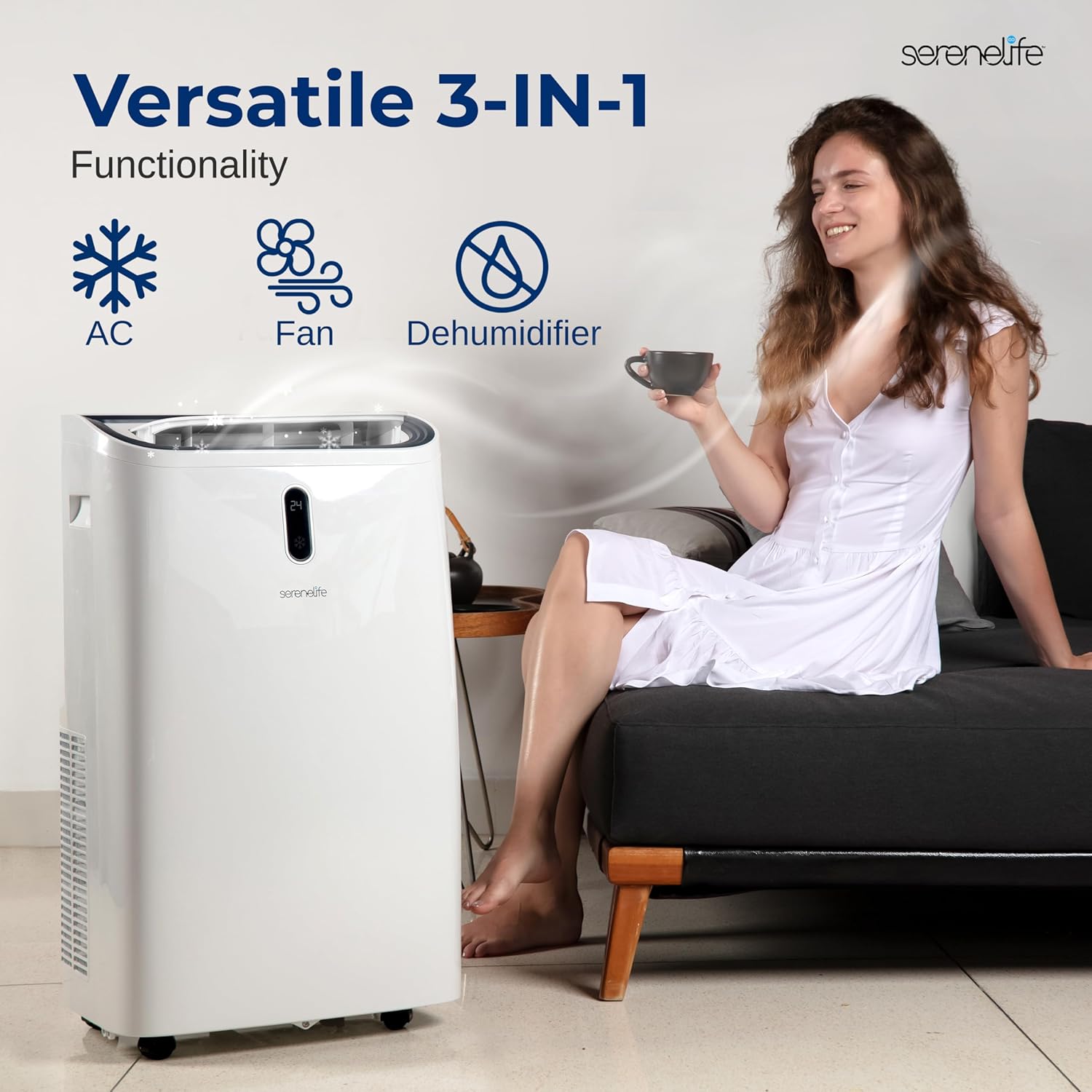 SereneLife 12000 BTU Portable Air Conditioner - 3-in-1 Compact Standing Air Conditioner for Room Up to 380 Sq. Ft. - Floor AC Unit with Remote Control - Universal Casters, Window Mount Kit
