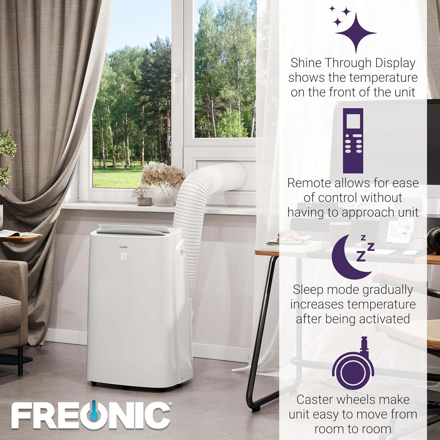 FHCP081AKR 8,150 BTU Portable Air Conditioner, AC for Rooms Sq.Ft, LED Display, 24H Timer, Auto-Restart, Sleep Mode, Dehumidifier, White, Up to 400 Sq. Ft