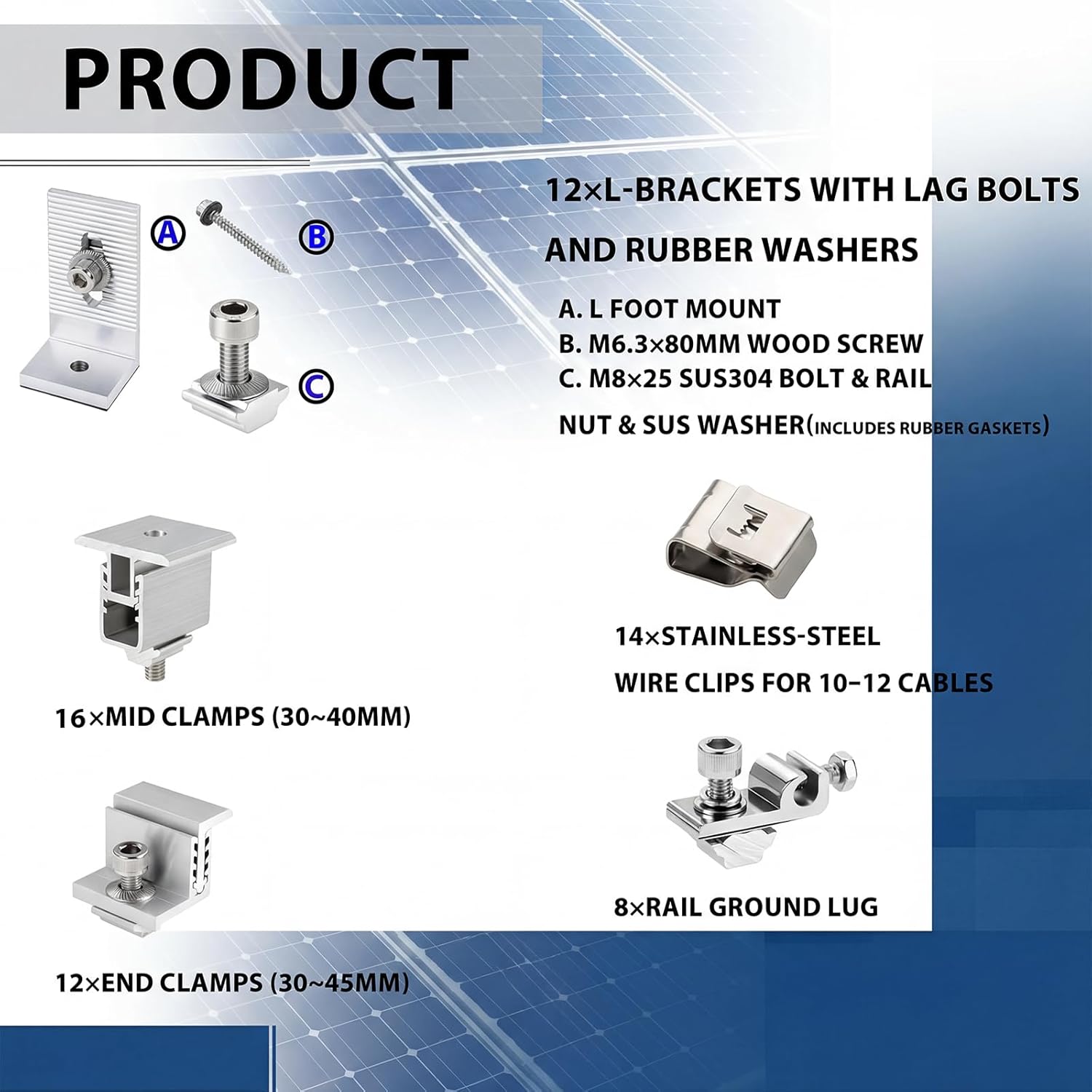 Solar Panel Mounting Brackets, Solar Panel Mounting Kit for 6 Solar Panels, with Clamps, L-Brackets, Includes 12 x 47 inches Rails, Suitable for Metal Roof, Concrete Roof, Wooden Roof, Tile Roof