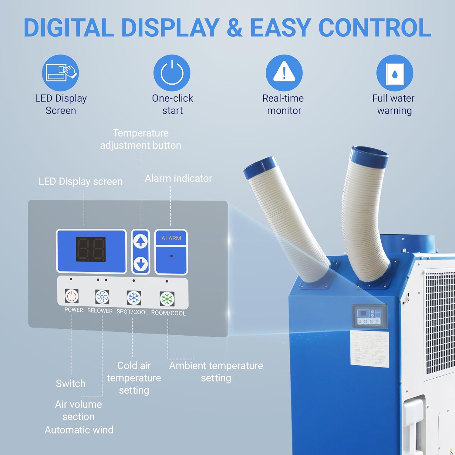 Industrial Air Conditioner 18700BTU/H Industrial Spot Cooler Air Conditioner with 3.7Gal Water Tank Portable Mobile Spot Cooler Double Ducts 1.8KW 220V