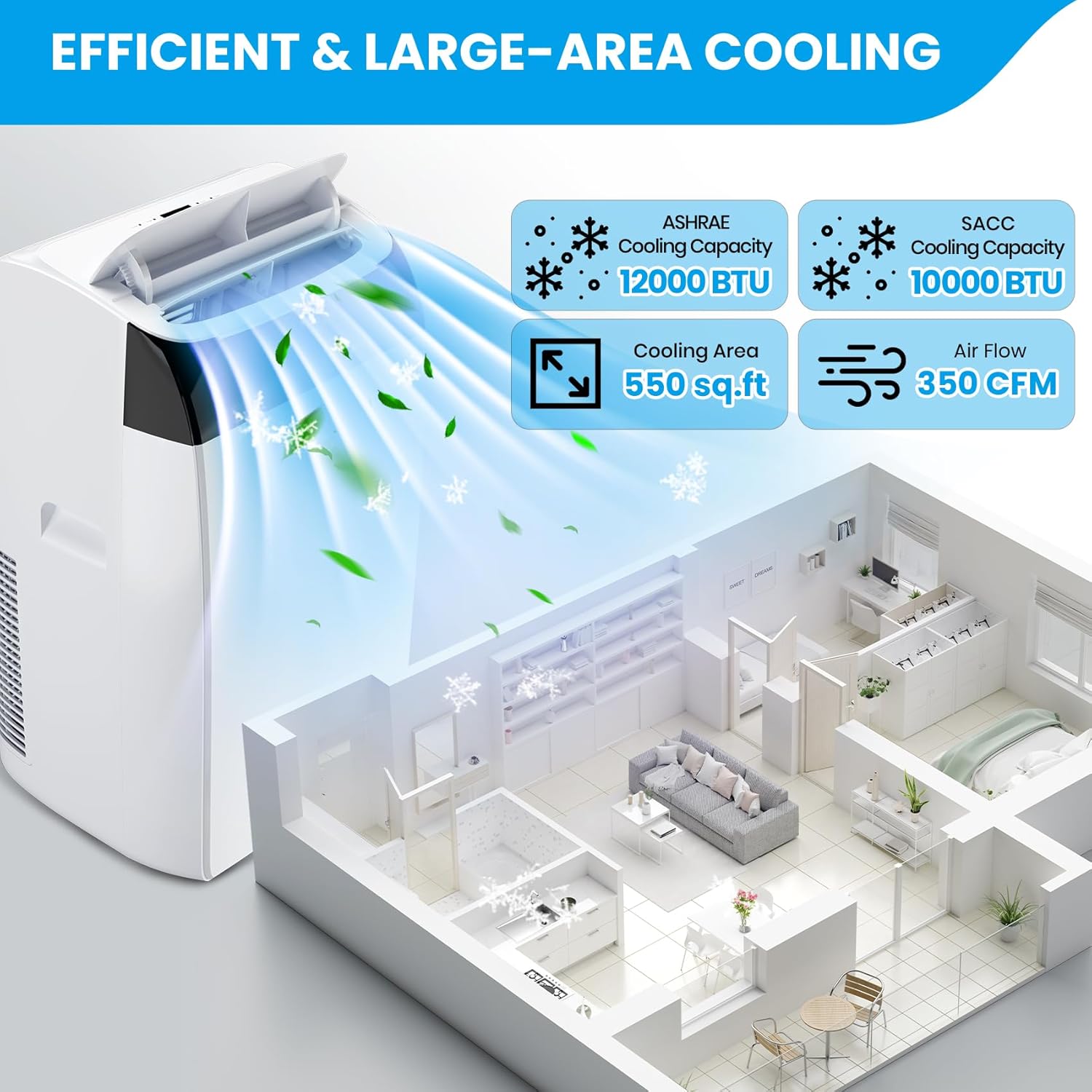 12000 Btu Portable Air Conditioner,portable Ac Unit Built-in Fan,cool,Dehumidification Function,indoors Air Conditioner Fast Cooling 550 Sq.ft, Drain-free, Fast Installation