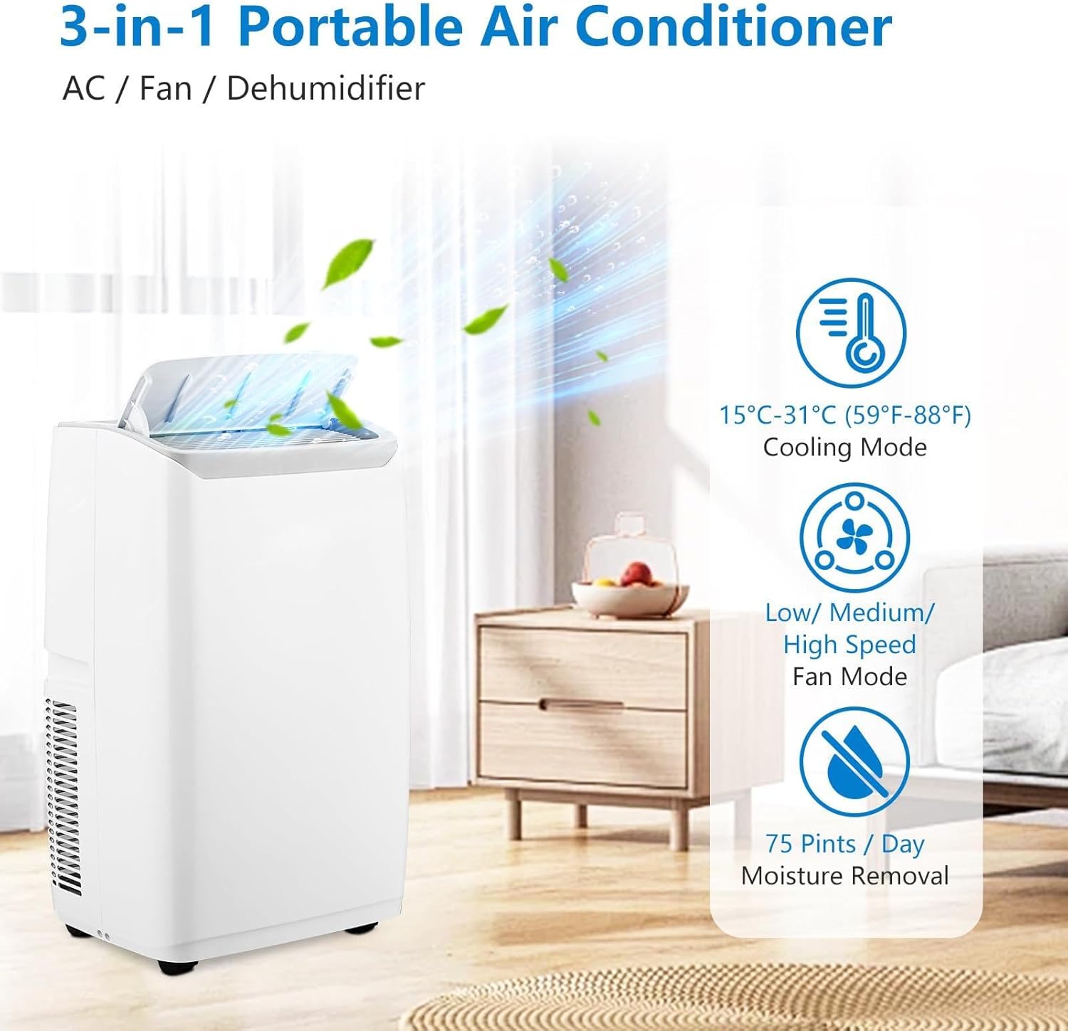 Powerful 14000BTU Portable Air Conditioner with 24H Timer, Remote Control, Energy-Saving Features - Cools Rooms Up to 750 Sq. Ft - Ideal for Home & Office Use