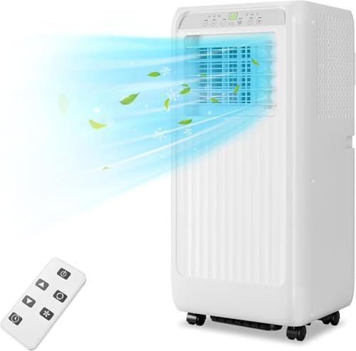 10,000 BTU Portable Air Conditioner with Remote - Cools Up to 450 Sq.Ft, 3-in-1 AC Unit with Dehumidifier/Fan Modes, Easy-Move Wheels for Home, Office, Bedroom (White)