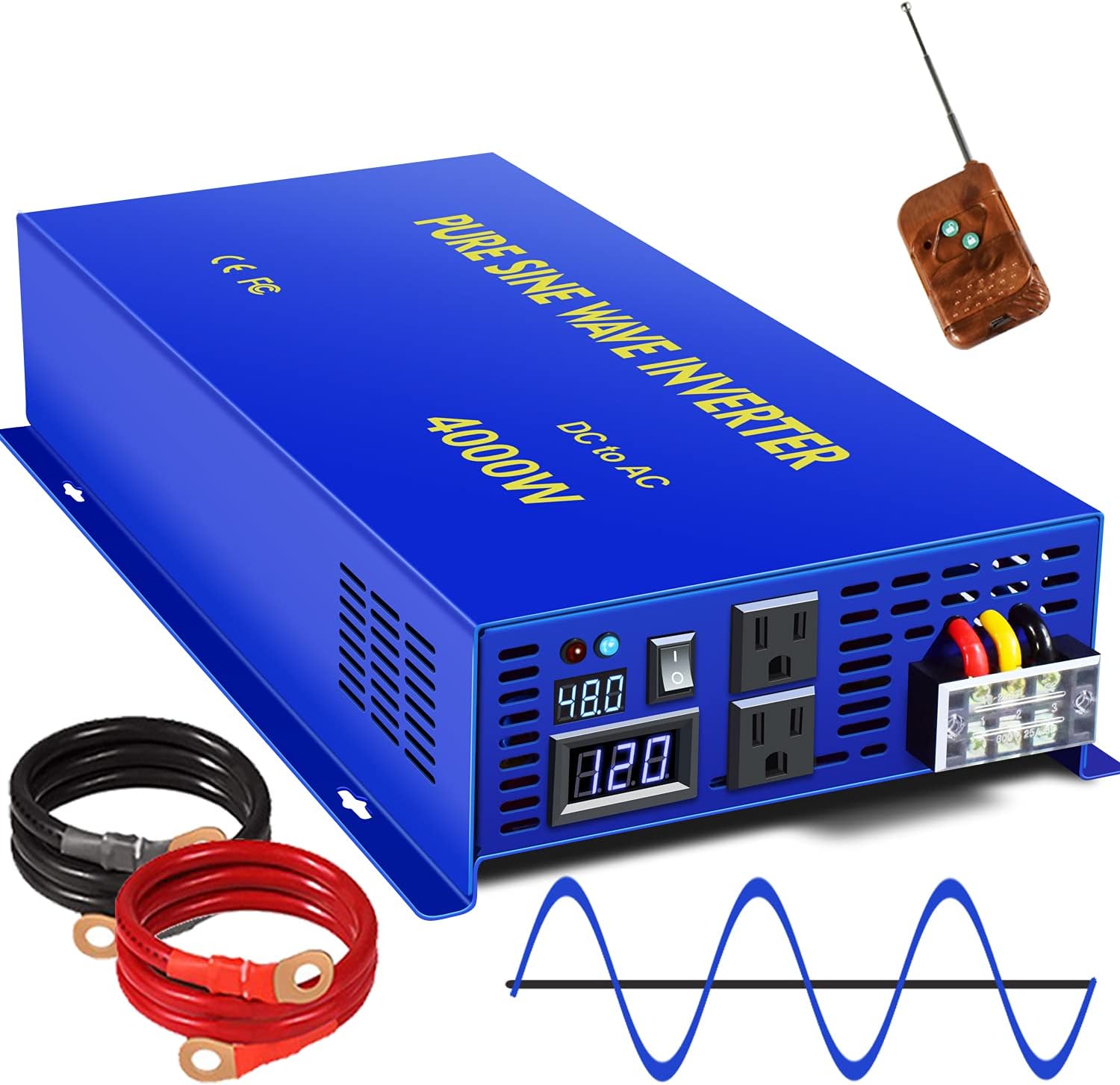 4000W Pure Sine Wave Inverter 48V DC to 120V AC Surge 8000 Watt Power Converter Generator with Wireless 100ft Remote Control for Solar System, Home Grid Off, Camping, RV. (4000W 48V 120V)