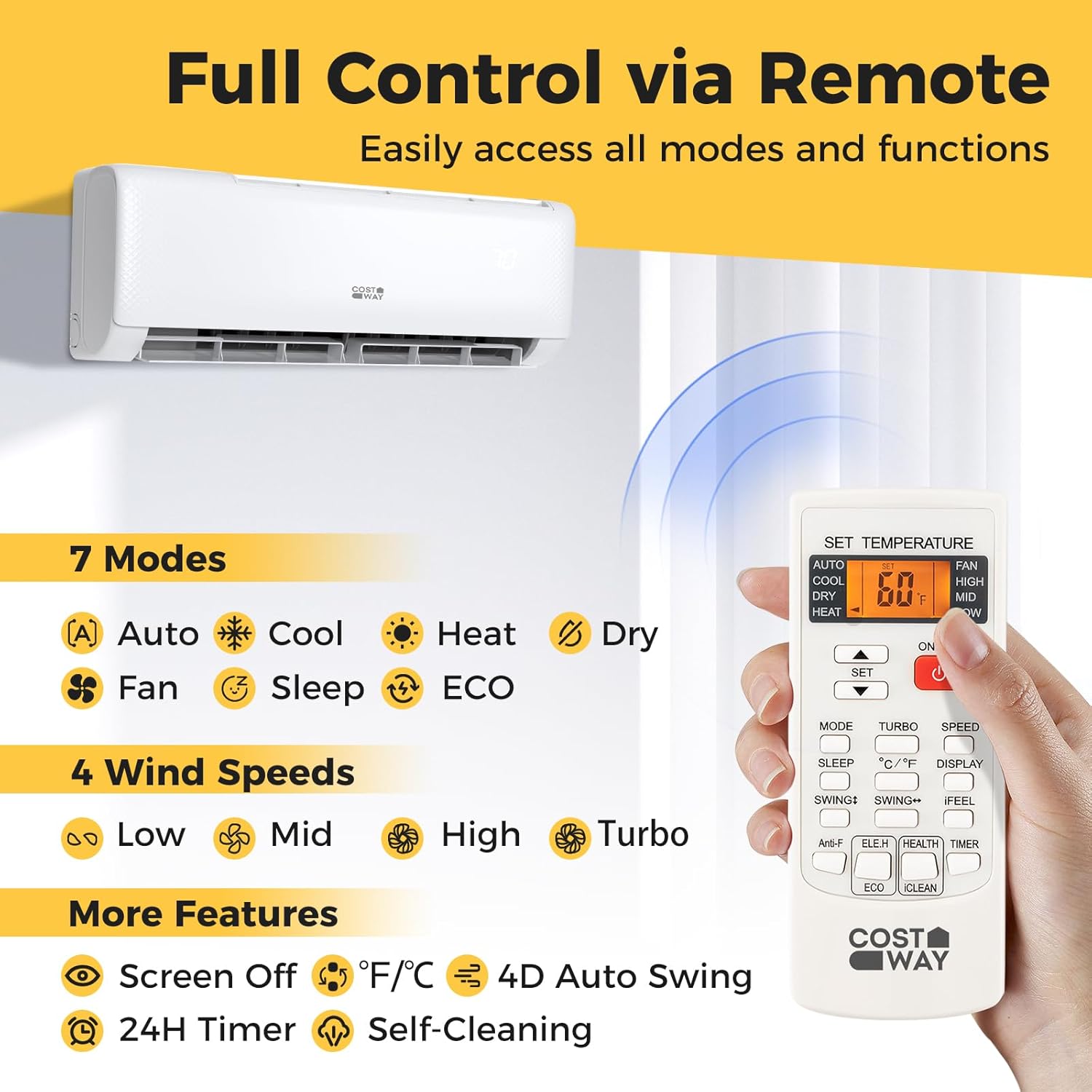 COSTWAY 24000 BTU Mini Split Air Conditioner, Energy Star, with Remote, Compatible with Alexa, Googlehome, Heat Pump, 21 SEER2 Inverter, 24H Timer, for Rooms up to 1500 Sq.Ft (Airtural Series)