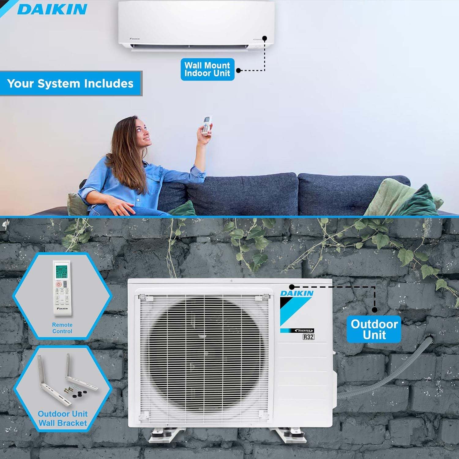 Daikin 24,000 BTU 18 SEER2 Entra R32 Series Ductless Mini Split Heat Pump System w/Wall Mounting Bracket (230V), White, RXC24+FTXC24+WAFP24