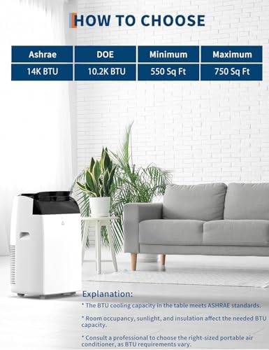14,000 BTU Portable Air Conditioner – Ultra-Quiet 48dB Cooling for 750 Sq. Ft. | Smart 3-in-1 AC with Remote, 24Hour Timer, Dehumidifier & Fan Modes | Drainage-Free Design