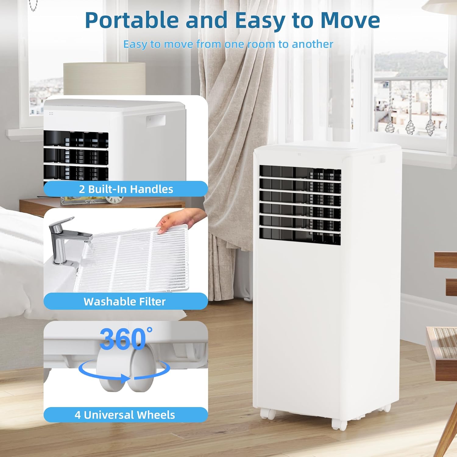 8000 BTUs Portable Air Conditioner with Efficient Cooling, Quiet Portable Cooling AC Up to 350 Sq.Ft. with Dehumidifier, Fan, Sleep Modes, 3-in-1 AC Unit with 24H Timer, White Top Cover