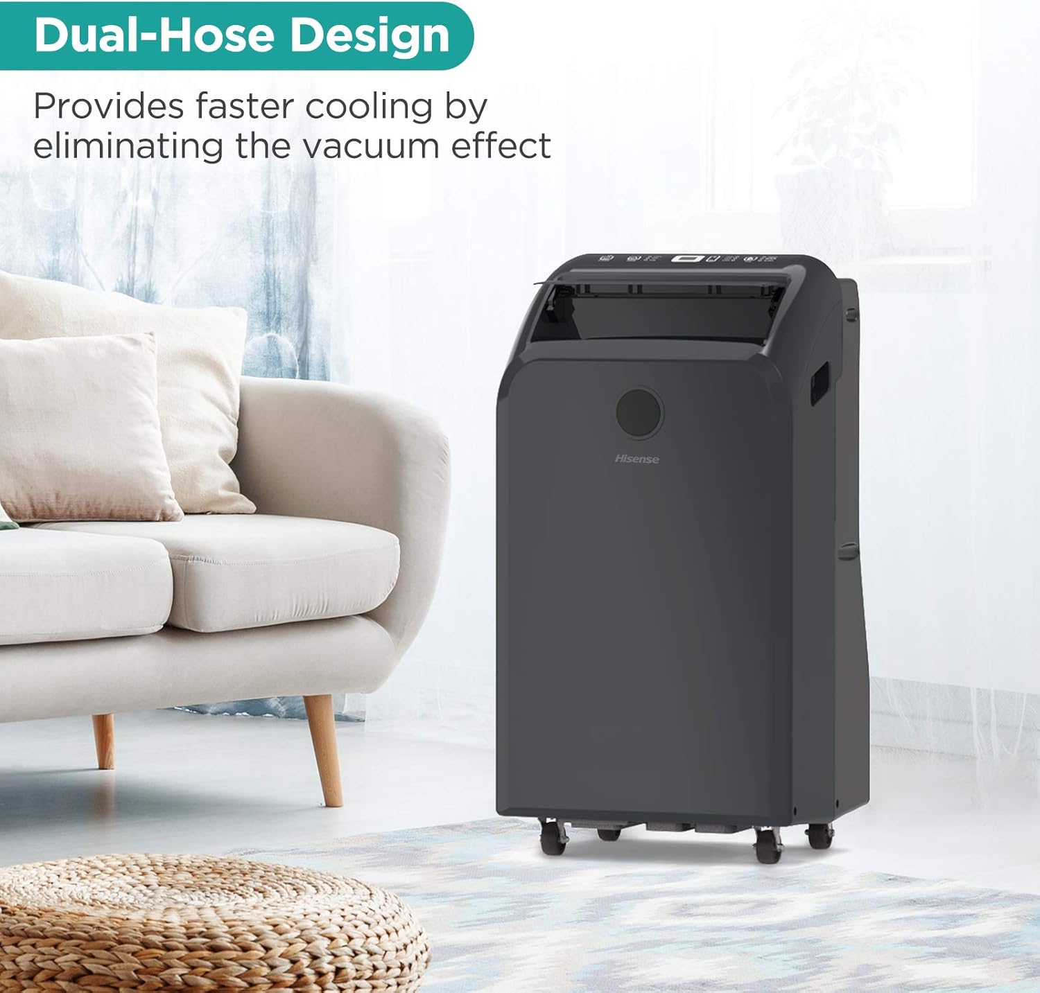Hisense Dual-Hose Portable Air Conditioner with Inverter Technology 10,000 BTU Cooling Dehumidifier Fan for Rooms up to 550 sq ft, Remote Control, Black (Renewed)