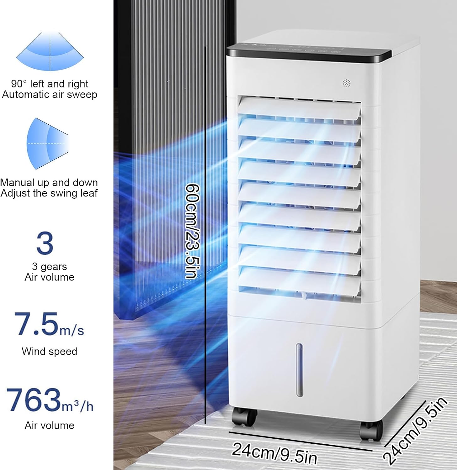 Evaporative Air Cooler, 1.5 Gal Tank, 3-in-1 Windowless Portable Air Conditioner with Remote, Quiet Swamp Cooler, 6 Ice Packs, 15 Hour Timer, Ideal for Home, Office, Bedroom, Kitchen