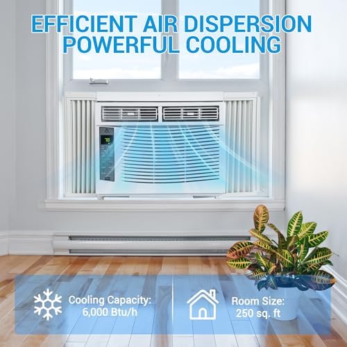 6000 BTU Window Air Conditioner with Remote & Smart App Control - Cools 250 Sq.Ft, Energy Efficient (11.5 CEER), 3 Fan Speeds, Easy Install Kit for Bedroom, Home, Office