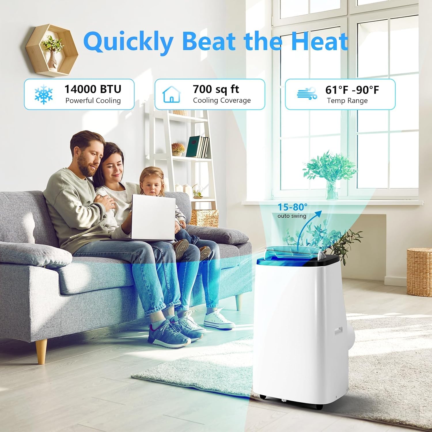 Portable Air Conditioner CP1,3 in-1 Portable Air Conditioner (14,000 Btu) for Rooms Up to 750 Sq.Ft - Cooling, Dehumidifying, 24-Hour Timer, Sleep Mode, Led Display & Remote Control for Home Comfort