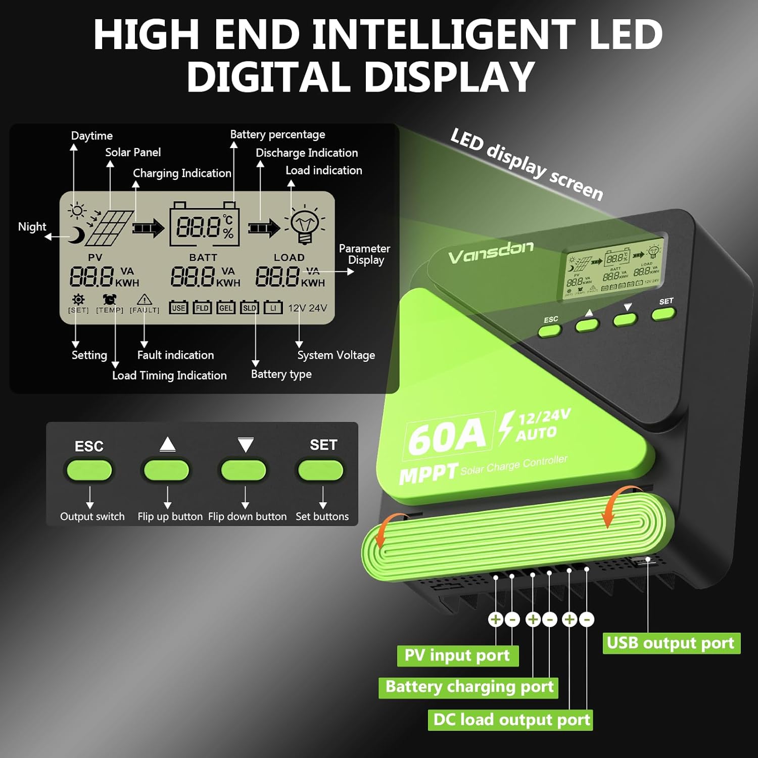 60A Solar Charge Controller 12V/24V MPPT Solar Charge Controller, Adjustable LCD with Timer, Dual USB Ports, for RV, Boat, Cabin, Off-Grid Systems, Compatible with FLD/LiFePO4/SLD/GEL/AGM