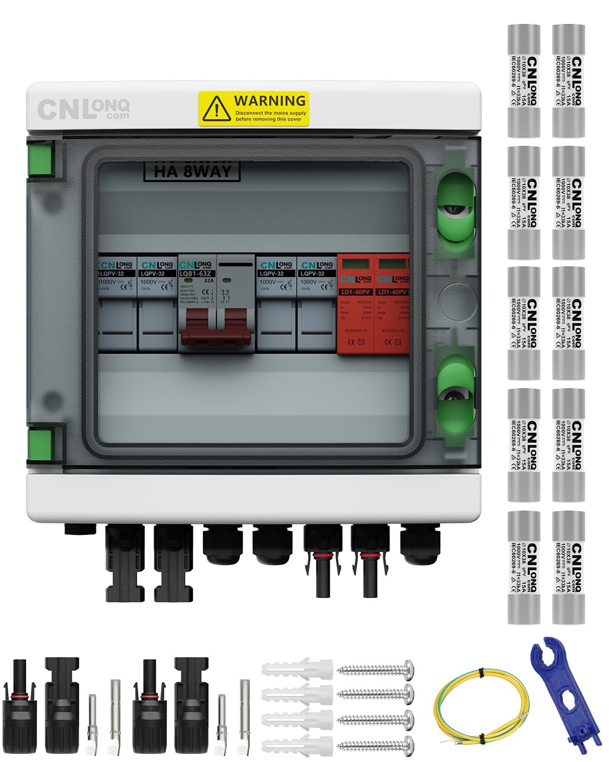 2 String Solar PV Combiner Box IP65 2 in 1 Out with 10pcs Fuse Link 15A and DC500V 32A Circuit Breaker with Surge Protector and 15A PV Fuse,Solar Disconnect Switch Outdoor Waterproof for Solar Panels