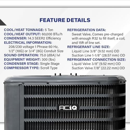 1HVAC 5 Ton 14.3 SEER2 Heat Pump Condenser - R32 Single Stage | 60000 BTU AC/Heating System