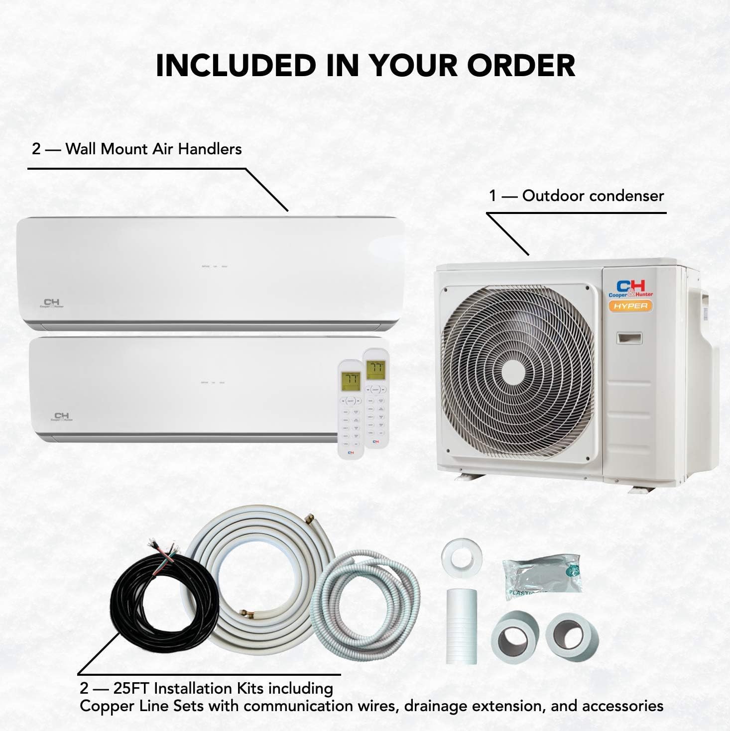 Cooper&Hunter Hyper Heat -22F Dual 2 Zone 12,000 BTU + 12,000 BTU Ductless Mini Split Heat Pump Air Conditioner System 230V Full Set with Two 25FT Installation Kits