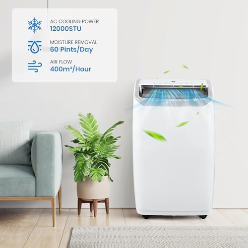 12000 BTU White Portable Air Conditioner – 3-in-1 Cooling AC, Fan & Dehumidifier with Remote & Touchscreen, Swing Function, 24H Timer, Sleep Mode, Ideal for Rooms up to 550 sq.ft
