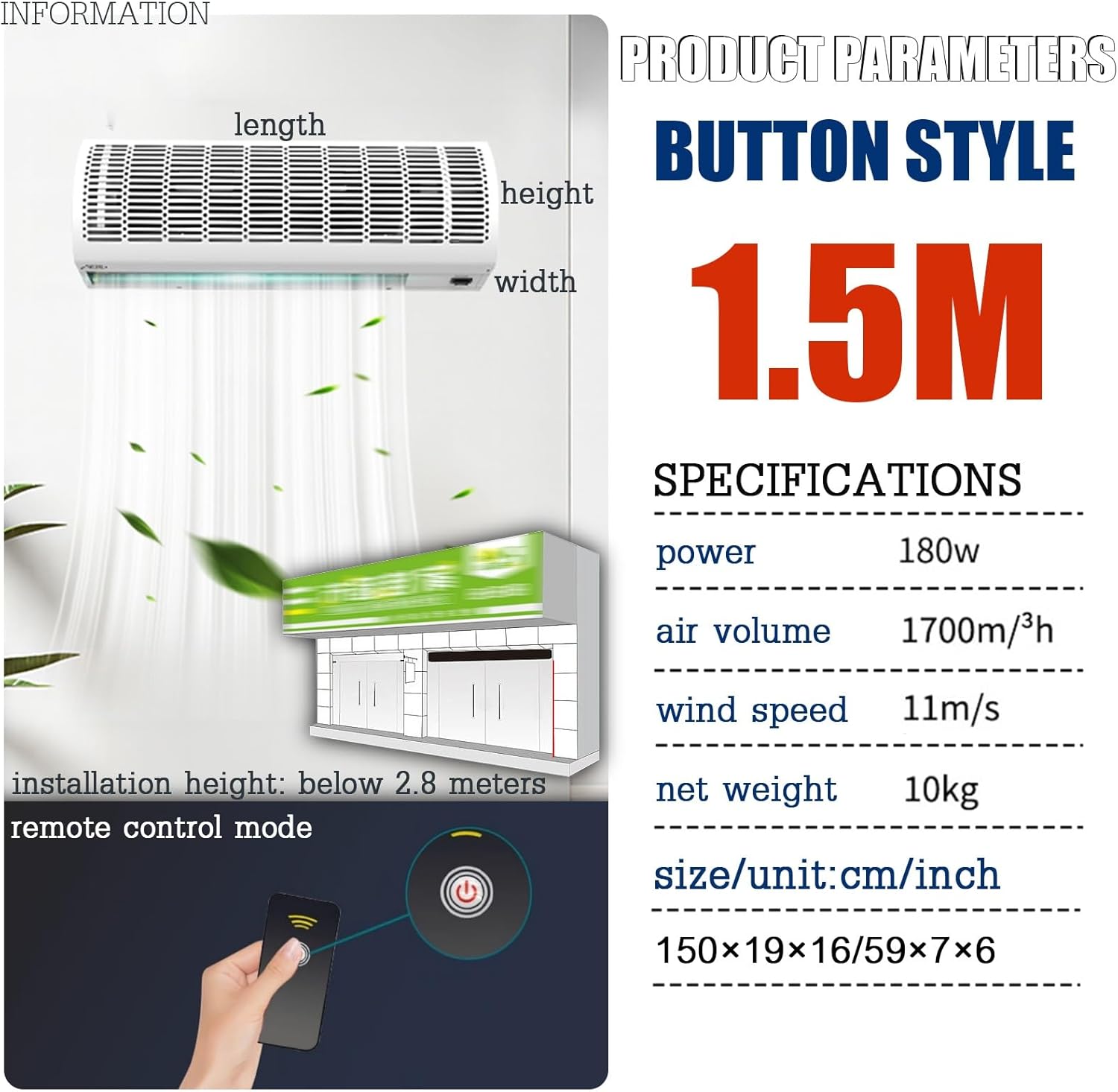 Air Curtain,Commercial Silent Door Air Curtain Machine, Energy-Saving Remote Control Black, Available in 1.5/1.8/2 Meters(1.5m)