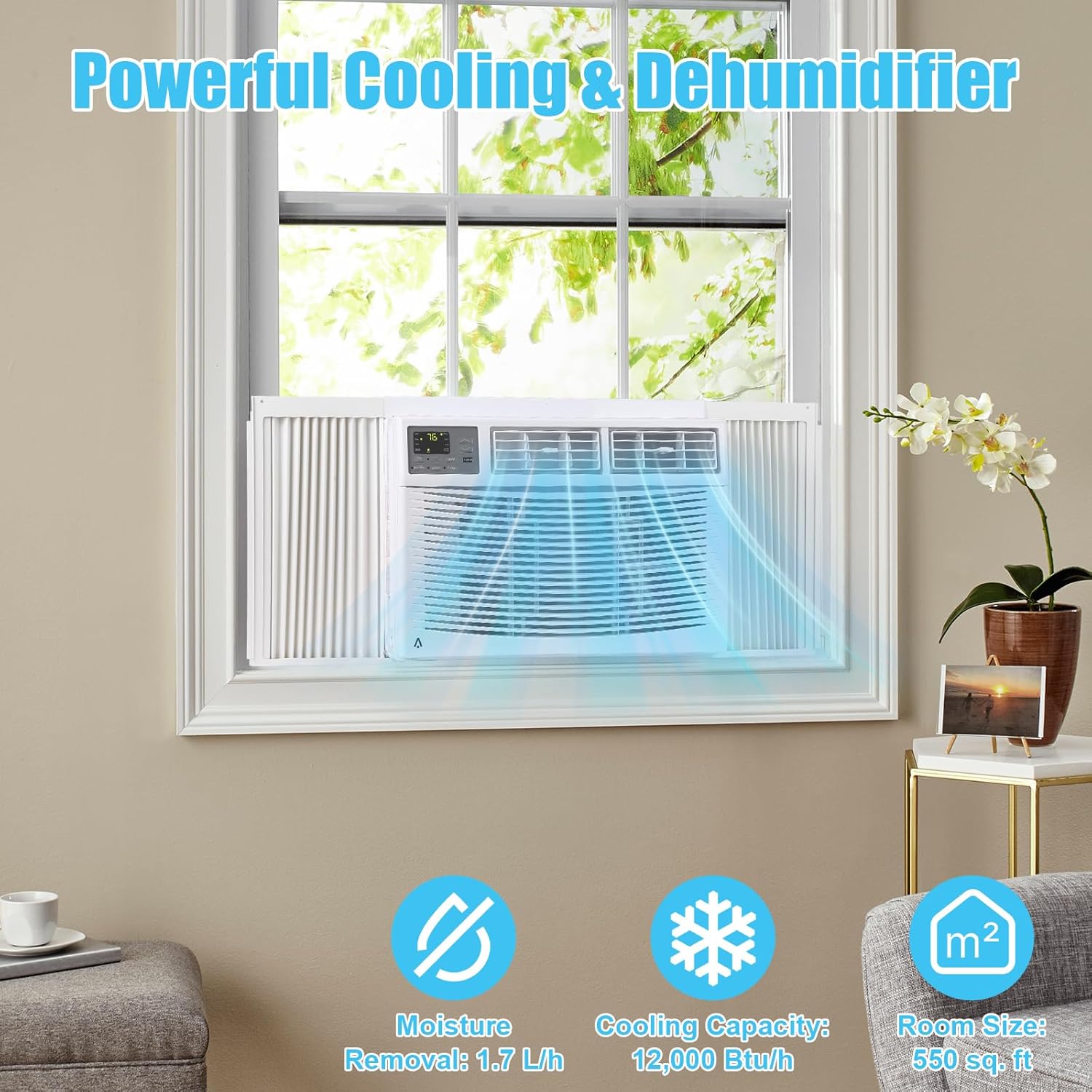 Window Air Conditioner, 12000 BTU for Rooms up to 550 Sq. Ft.- WiFi Enabled, Maintains Window View & Natural Light, 5 Modes, Ultra Quiet, Energy Savings, Easy Install, White