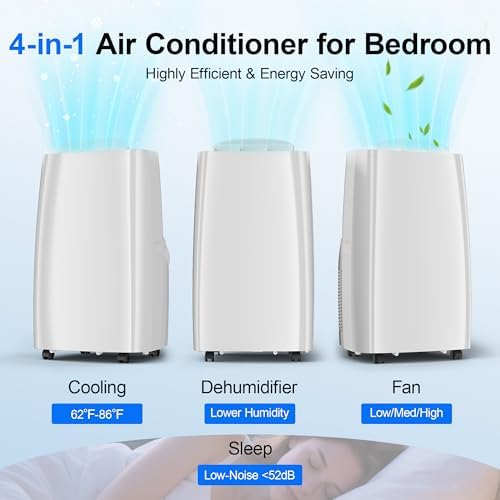 Uthfy 14000BTU Portable Air Conditioners, 4-in-1 Fonction Ac Unit with Cooling, Dehumidifier,Fan and Sleep Mode, Timer Auto-on/off,Cools up to 750 sq.ft, Remote Control, Window kits Included