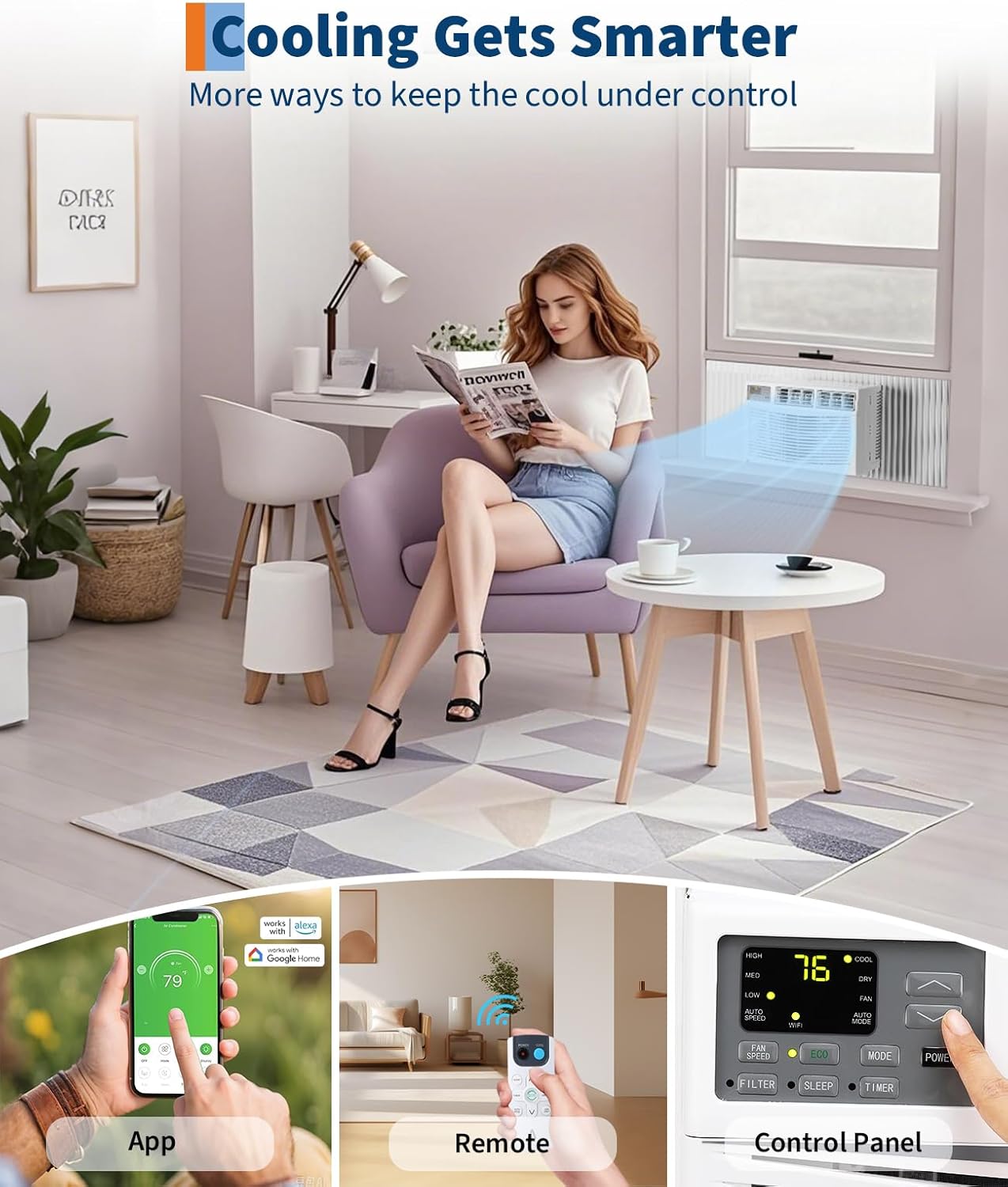 10,000 BTU Window Air Conditioner Unit with Remote Control, Cools Rooms up to 450 Sq Ft, 3-in-1 Function Energy Efficient, Digital Display WIFI, Washable Filter, for Bedroom, Office