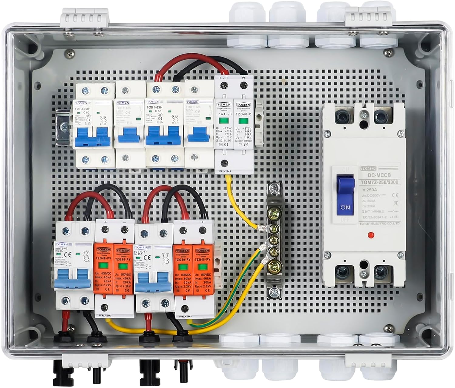 PV Combiner Box 2 String Solar Distribution Box with 25A, 250A DC Circuit Breakers, 63A,125A AC Circuit Breakers, and Surge Protection. Solar PV Breaker Box Perfect for 8K-10KW Solar Inverter Systems