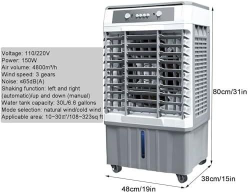 Evaporative Air Cooler, Swamp Cooler Air Conditioner, Evaporative Cooling Fan with 6.6Gal Water Tank, 3 Speeds for Outdoor, Office, Home