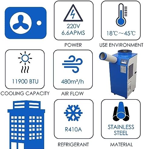 11900 BTU Industrial Portable Air Conditioner Single Nozzle Mobile Spot Cooler with 3.7 Gal Water Tank Automatic Control 480m³/h 220V 1400W