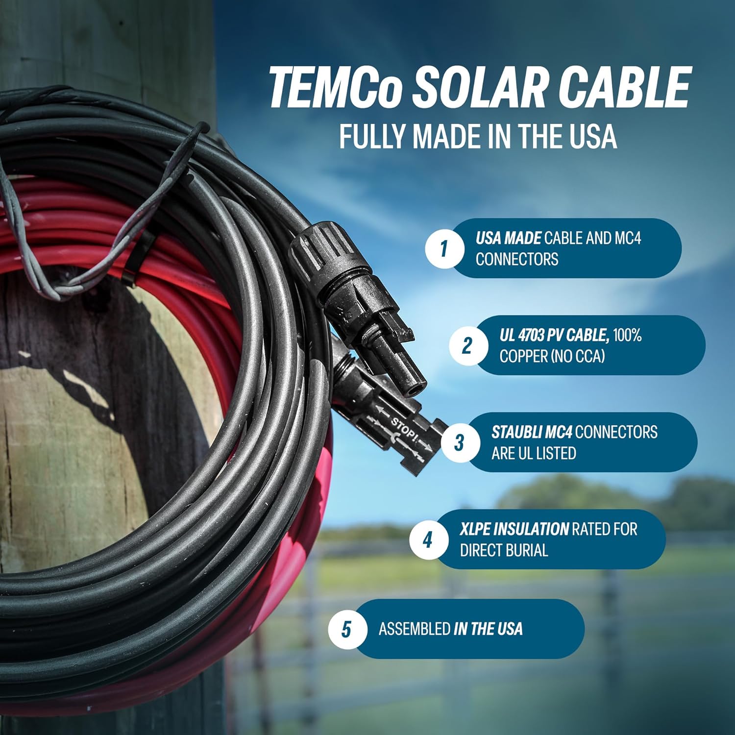 TEMCo Solar Panel Extension Cable 10 AWG 50 Ft Red + 50 Ft Black w/Staubli MC4 Connectors