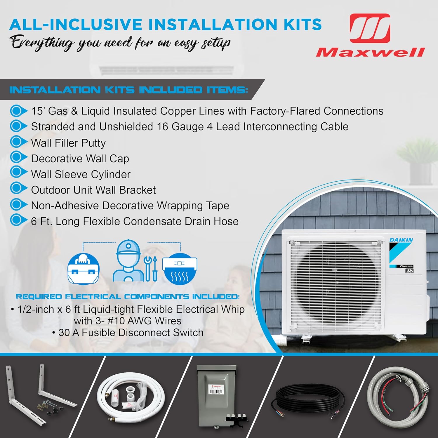 Daikin 12,000 Btu 18 SEER2 Ductless Mini-Split Wall Mount Heat Pump Air Conditioner - R32 w/Installation Kit, 1/2 Whip, 30A Disconnect, and Wall Bracket