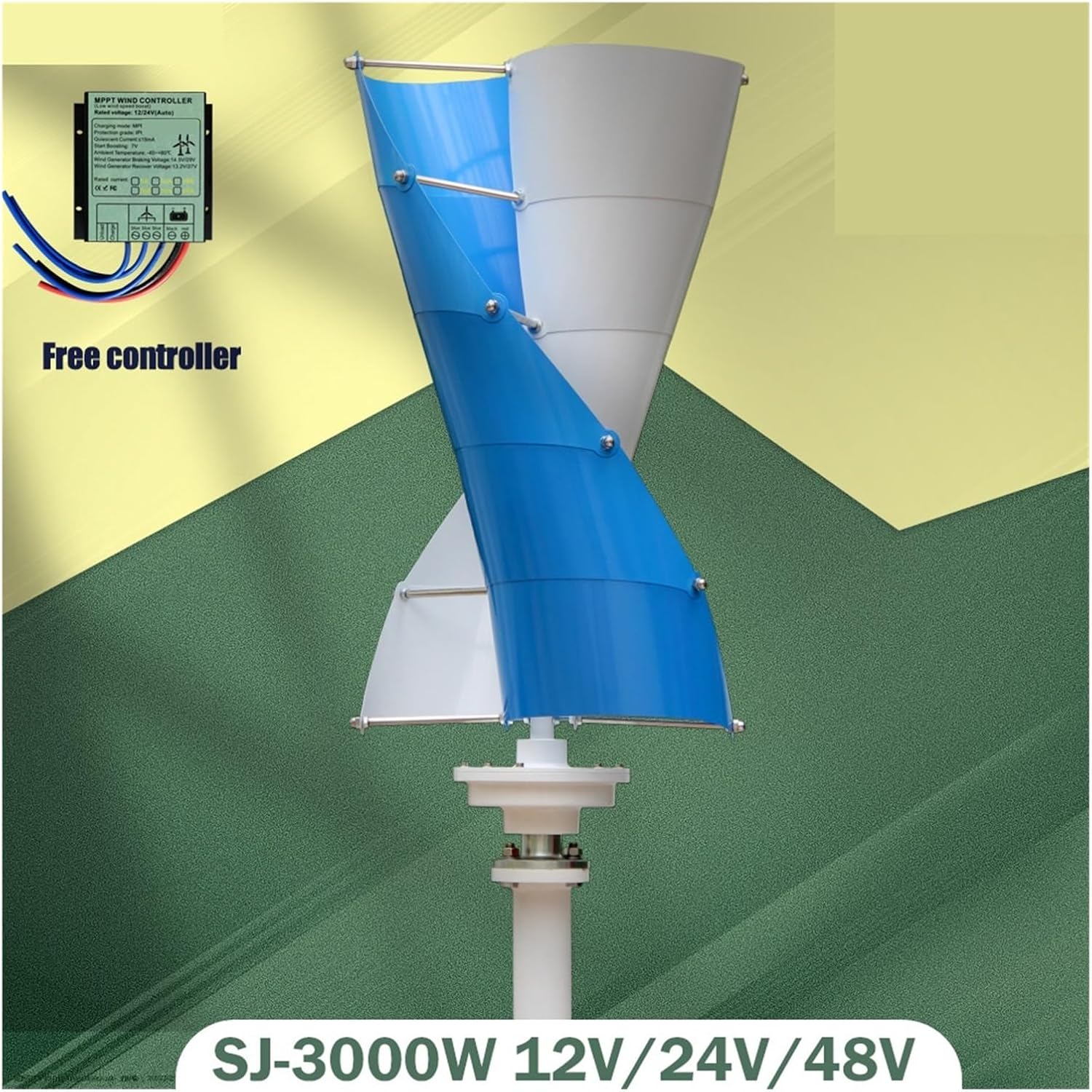 3000W Wind Vertical Turbine Generator Alternative Windmill 24V 48V MPPT Hybrid Controller for Home Use System Industrial Energy(with Controller,24V)